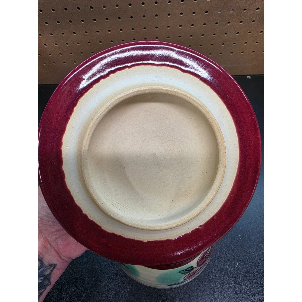 Signed Studio Pottery Rose Canister Burgundy Cream Stoneware Lidded Jar 9.5
